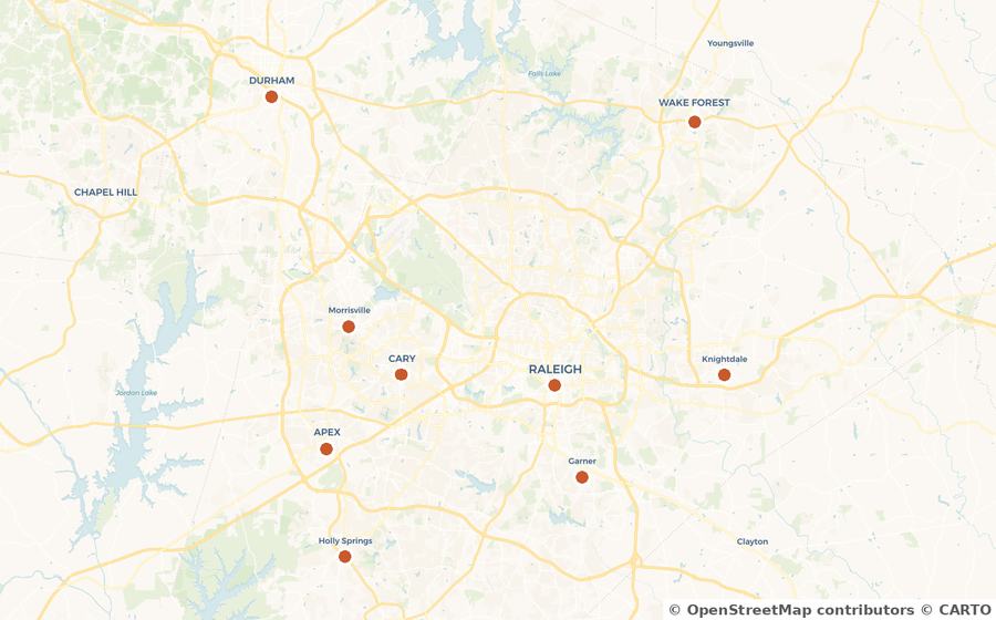 Map of the Wake County area showing the towns Back 40 Property Services serves